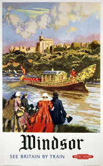 <b class=qtipBold><figcaption>'Windsor', BR (WR) poster, 1958</figcaption></b><br>Poster produced for British Railways (Western Region) showing a royal barge on the River Thames at Windsor in Berkshire. In the foreground are people in restoration costume, with Windsor Castle in the distance. Artwork by Gordon Nicoll. <br><em>© Please read our licence terms. All digital images must be destroyed unless otherwise agreed in writing.</em> 'Windsor', BR (WR) poster, 1958