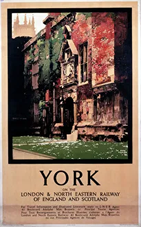 <b class=qtipBold><figcaption>'York', LNER poster, 1931</figcaption></b><br>Poster produced for the London & North Eastern Railway (LNER), issued for display in Belgium, showing King's Manor in York, with the Minster in the background. Originally the Abbot's House of St Mary's Abbey, King's Manor later became a seat of government for the Tudors and Stuarts, becoming the official residence of the President of the Council of the North in 1561. King's Manor went on to become a school for the blind in the 1830s, and by the 1960s was part of York University. Artwork by Fred Taylor (1975-1963). <br><em>© Please read our licence terms. All digital images must be destroyed unless otherwise agreed in writing.</em> 'York', LNER poster, 1931
