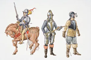 Three 16th century cavalrymen, front view Three 16th century cavalrymen, front view