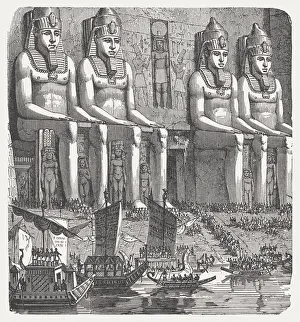 Lake Nasser Gallery: Abu Simbel, at the original location, wood engraving, published 1880