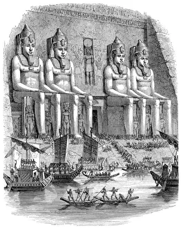 Abu Simbel temple with egyptian religious ceremony illustration 1880 Abu Simbel temple with egyptian religious ceremony illustration 1880