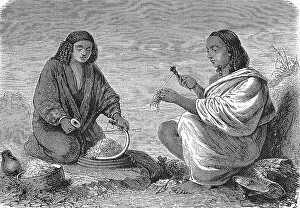 Gondar Collection: Abyssinia, a woman from Galla and a woman from Gondar spinning wool, 1869, Ethiopia, Historic