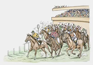adult men, competition, crowd, day, domestic animal, horizontal, horse racing, ink and brush adult men, competition, crowd, day, domestic animal, horizontal, horse racing, ink and brush