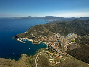 Aerial view, border town, Mediterranean coast, bay, harbour, Portbou, Costa Brava Aerial view, border town, Mediterranean coast, bay, harbour, Portbou, Costa Brava
