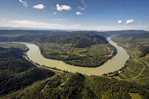 Aerial view, Danube bend, at Durnstein, Lower Austria, Austria Aerial view, Danube bend, at Durnstein, Lower Austria, Austria
