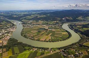 Aerial view, Danube bend, Ybbs an der Donau, Lower Austria, Austria Aerial view, Danube bend, Ybbs an der Donau, Lower Austria, Austria