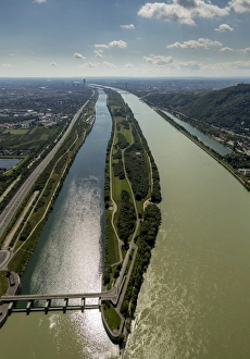 Aerial view, Danube island, Danube and relief canal, intake structure, Langenzersdorf, Lower Austria, Austria Aerial view, Danube island, Danube and relief canal, intake structure, Langenzersdorf, Lower Austria, Austria