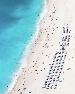 Greece Gallery: Aerial view of famous Myrtos beach crowded with tourists in summer, Greece