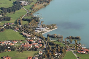 Aerial view, Festspielhaus theatre on Forggensee lake near Fuessen in Ostallgaeu, Allgaeu, Bavaria, Germany, Europe Aerial view, Festspielhaus theatre on Forggensee lake near Fuessen in Ostallgaeu, Allgaeu, Bavaria, Germany, Europe