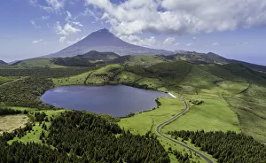 Aerial view of Lagoa do Caiado in the central highlands of Pico Island with Pico Mountain Aerial view of Lagoa do Caiado in the central highlands of Pico Island with Pico Mountain