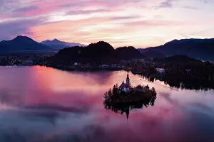 Ethereal Gallery: Aerial view of lake Bled at sunrise, Slovenia
