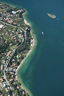 Aerial view, Malcesine, Lake Garda, Isola di Immaginazione, Veneto, Verona Province, Italy Aerial view, Malcesine, Lake Garda, Isola di Immaginazione, Veneto, Verona Province, Italy