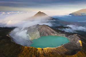 Aerial view of Misty Volcano of Kawah Ijen crater in East Java Aerial view of Misty Volcano of Kawah Ijen crater in East Java