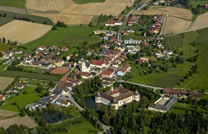 Aerial view, Schloss Aistersheim, moated castle from the late Renaissance, Aistersheim, Upper Austria, Austria Aerial view, Schloss Aistersheim, moated castle from the late Renaissance, Aistersheim, Upper Austria, Austria