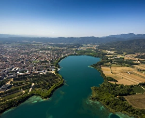 Aerial view, view of the city of Banyoles on the Lake of Banyoles, Costa Brava, Catalonia Aerial view, view of the city of Banyoles on the Lake of Banyoles, Costa Brava, Catalonia