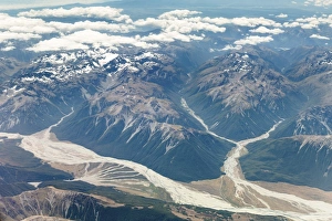 Aerial view, Waimakairi River with Arthurs Pass and the surrounding mountains of Aerial view, Waimakairi River with Arthurs Pass and the surrounding mountains of