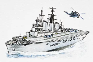 Images Dated 7th February 2008: Aircraft carrier, helicopter flying above