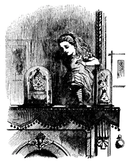 Alice on the mantlepiece illustration, (Alices Adventures in Wonderland) Alice on the mantlepiece illustration, (Alices Adventures in Wonderland)