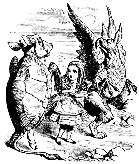 Alice, Turtle and Gryphon illustration, (Alices Adventures in Wonderland) Alice, Turtle and Gryphon illustration, (Alices Adventures in Wonderland)