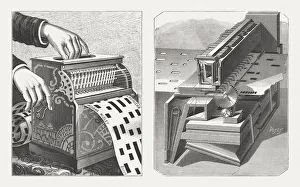 American barrel organ with inside mechanism, wood engravings, published 1888 American barrel organ with inside mechanism, wood engravings, published 1888