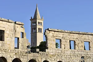Amphitheater and bell tower of the Church of Saint Stephen, Pula, Istria, Croatia, Europe Amphitheater and bell tower of the Church of Saint Stephen, Pula, Istria, Croatia, Europe