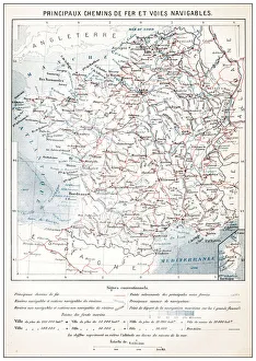 Antique French map of Railways, River and Canals France Antique French map of Railways, River and Canals France