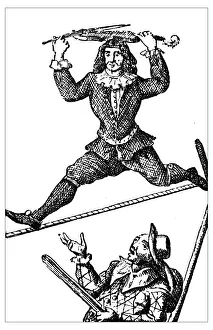 Antique illustration of 18th century acrobat on the tightope (Slacklining) Antique illustration of 18th century acrobat on the tightope (Slacklining)