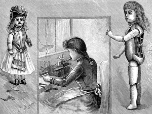 Antique illustration of Edison talking doll production Antique illustration of Edison talking doll production