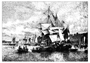 Antique illustration of harbor of Hennebont (Brittany, France) Antique illustration of harbor of Hennebont (Brittany, France)