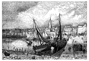 Antique illustration of harbor of Saint-Malo during low tide (France) Antique illustration of harbor of Saint-Malo during low tide (France)