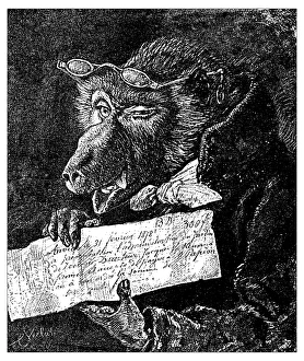 Antique illustration of humanized beast holding a paper Antique illustration of humanized beast holding a paper