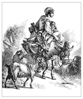 Antique illustration of woman with baby riding a donkey Antique illustration of woman with baby riding a donkey