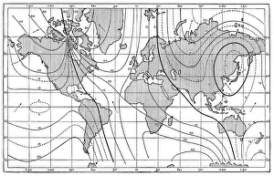 Antique map of lines of equal magnetic declination, 1885 Antique map of lines of equal magnetic declination, 1885