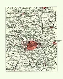 Color Collection: Antique map, Manchester, England, 19th Century