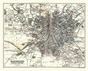 Antique Map of Manchester, Salfiord and Environs, England, 1880 Antique Map of Manchester, Salfiord and Environs, England, 1880