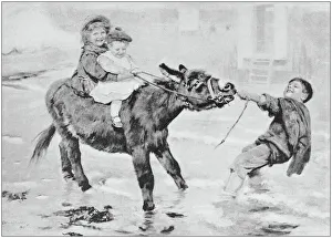 Antique photo of paintings: Donkey with children Antique photo of paintings: Donkey with children