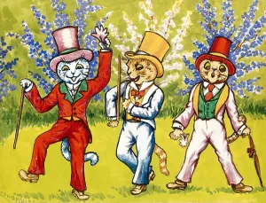 Louis Wain Art Prints: Three cats performing a song and dance act