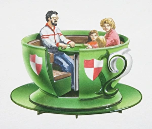 Artwork of a green teacup ride seat containing a man, woman and two children Artwork of a green teacup ride seat containing a man, woman and two children