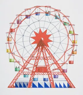Artwork of a red big wheel with multi coloured hanging seats Artwork of a red big wheel with multi coloured hanging seats