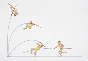 Artwork showing key stages of a pole vaulters jump Artwork showing key stages of a pole vaulters jump