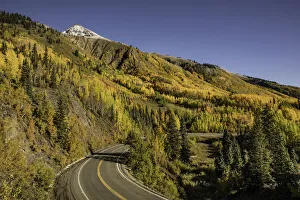 Aspen trees and Million Dollar Highway near Crystal Lake, Ouray, Colorado, USA Aspen trees and Million Dollar Highway near Crystal Lake, Ouray, Colorado, USA