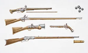 Assortment of 17th, 18th and 19th century guns and ammunition, side view Assortment of 17th, 18th and 19th century guns and ammunition, side view