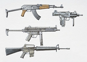 Assortment of post-1940 submachine guns, side view Assortment of post-1940 submachine guns, side view