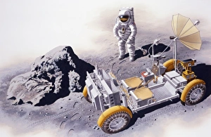 Astronaut standing near Lunar Roving Vehicle (LRV) and boulder on surface of moon Astronaut standing near Lunar Roving Vehicle (LRV) and boulder on surface of moon