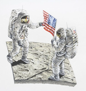 Two astronauts on the moon, USA flag flying Two astronauts on the moon, USA flag flying