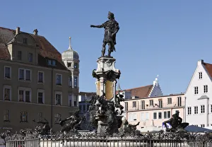 Augustusbrunnen fountain on the town hall square, Augsburg, Schwaben, Bavaria, Germany Augustusbrunnen fountain on the town hall square, Augsburg, Schwaben, Bavaria, Germany