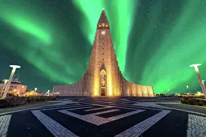 Prints of aurora borealis above hallgrimskirkja church in central of reykjavik city capital city in Iceland Iceland Prints: Aurora Borealis Print above Hallgrimskirkja, Reykjavik