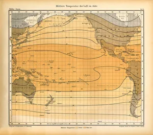 Average Yearly Air Temperature Chart, Pacific Ocean, German Antique Victorian Engraving Average Yearly Air Temperature Chart, Pacific Ocean, German Antique Victorian Engraving