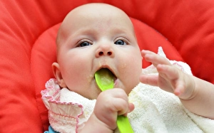 Baby, girl, six months, fed with baby food, Germany Baby, girl, six months, fed with baby food, Germany