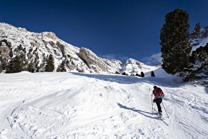 Backcountry skier near Woerndle-Loch-Alm alp, during the ascent to the peak of Zendleser Kofel mountain Backcountry skier near Woerndle-Loch-Alm alp, during the ascent to the peak of Zendleser Kofel mountain